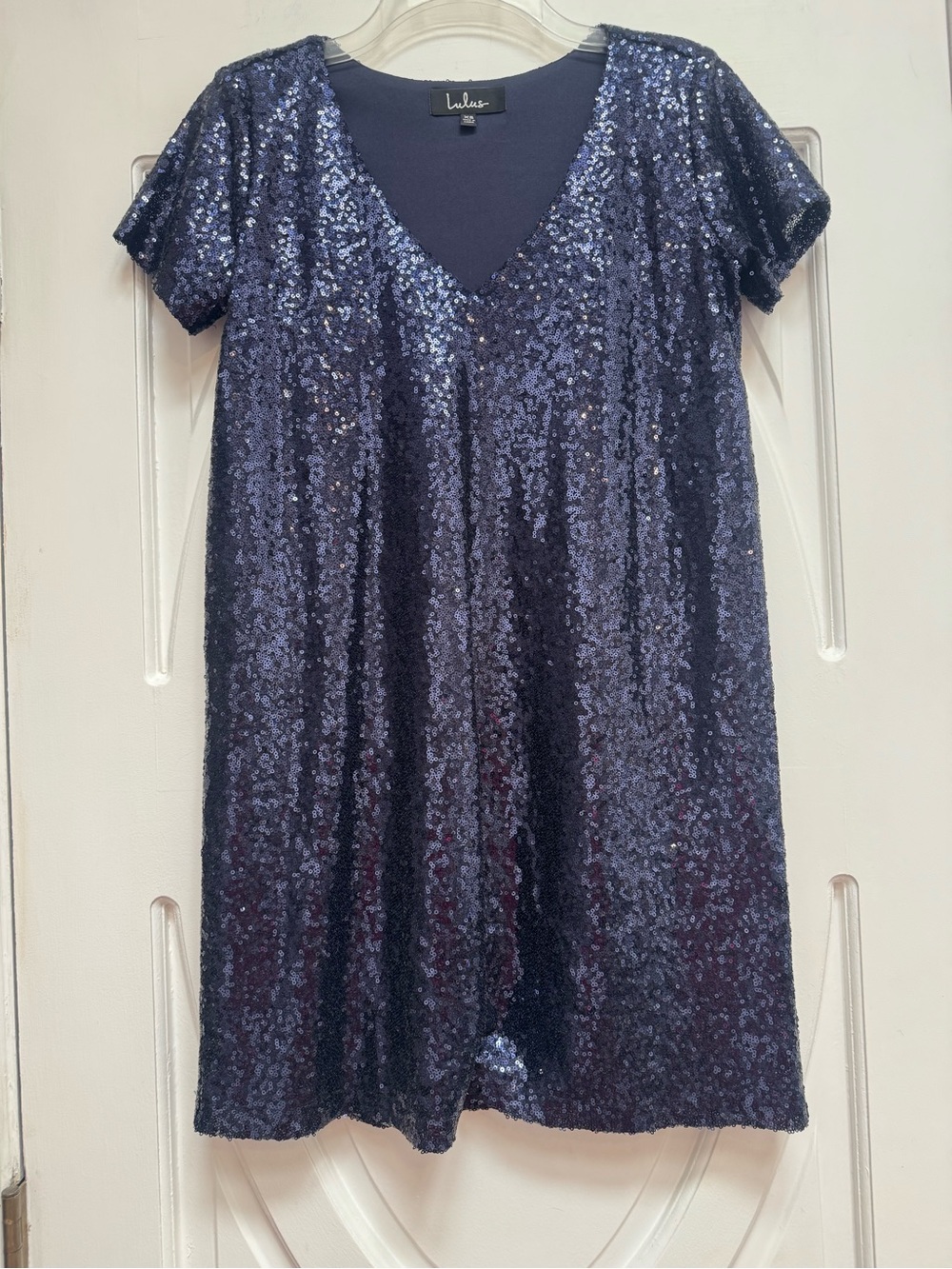 Lulu's Navy Blue Sequin V-Neck Dress Shirt